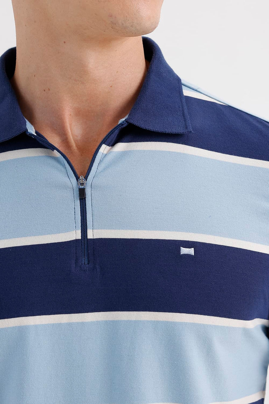 BASICS REGULAR FIT PAGEANT BLUE COTTON STRETCH POLO STRIPE T-SHIRT