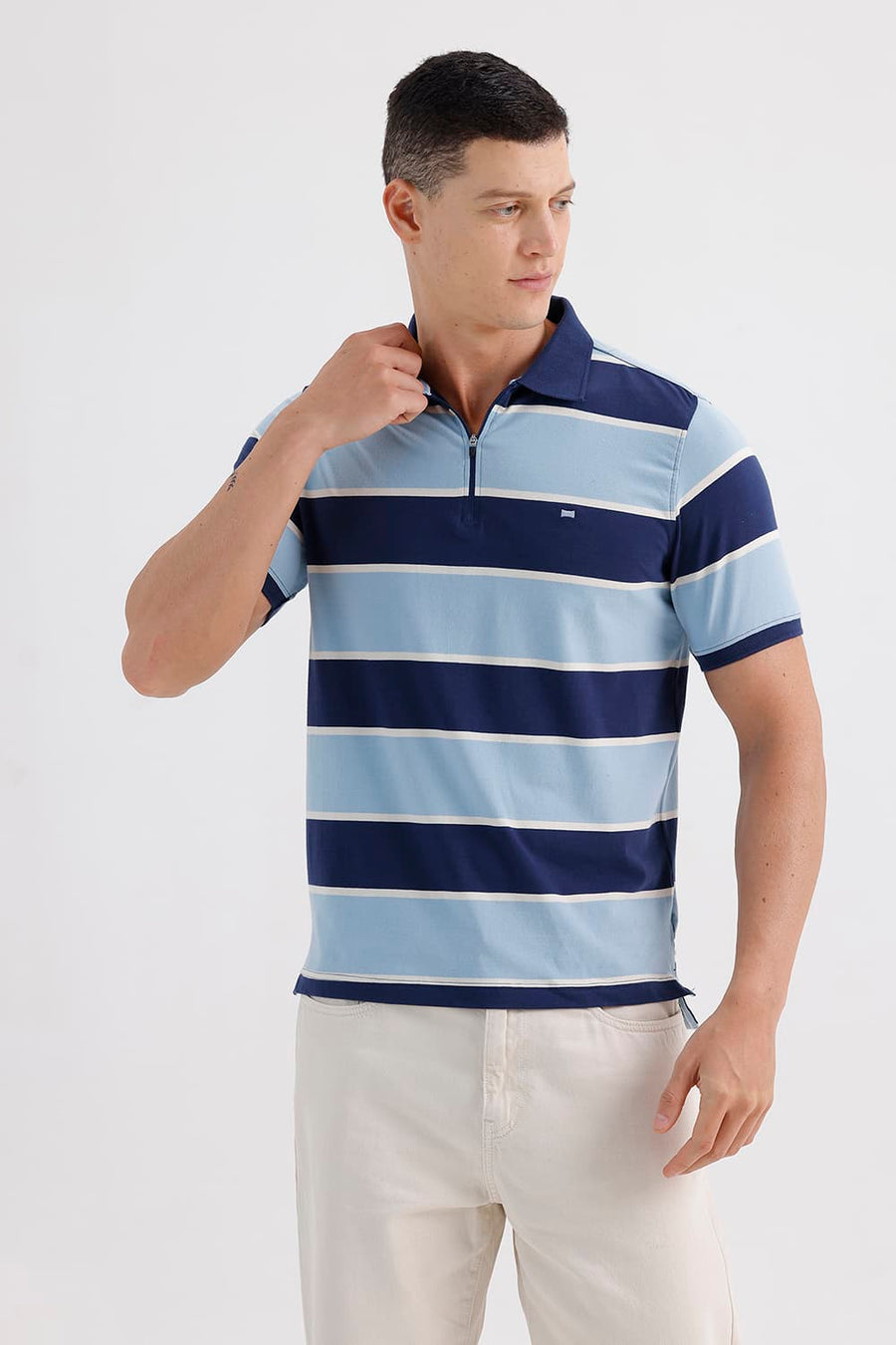 BASICS REGULAR FIT PAGEANT BLUE COTTON STRETCH POLO STRIPE T-SHIRT