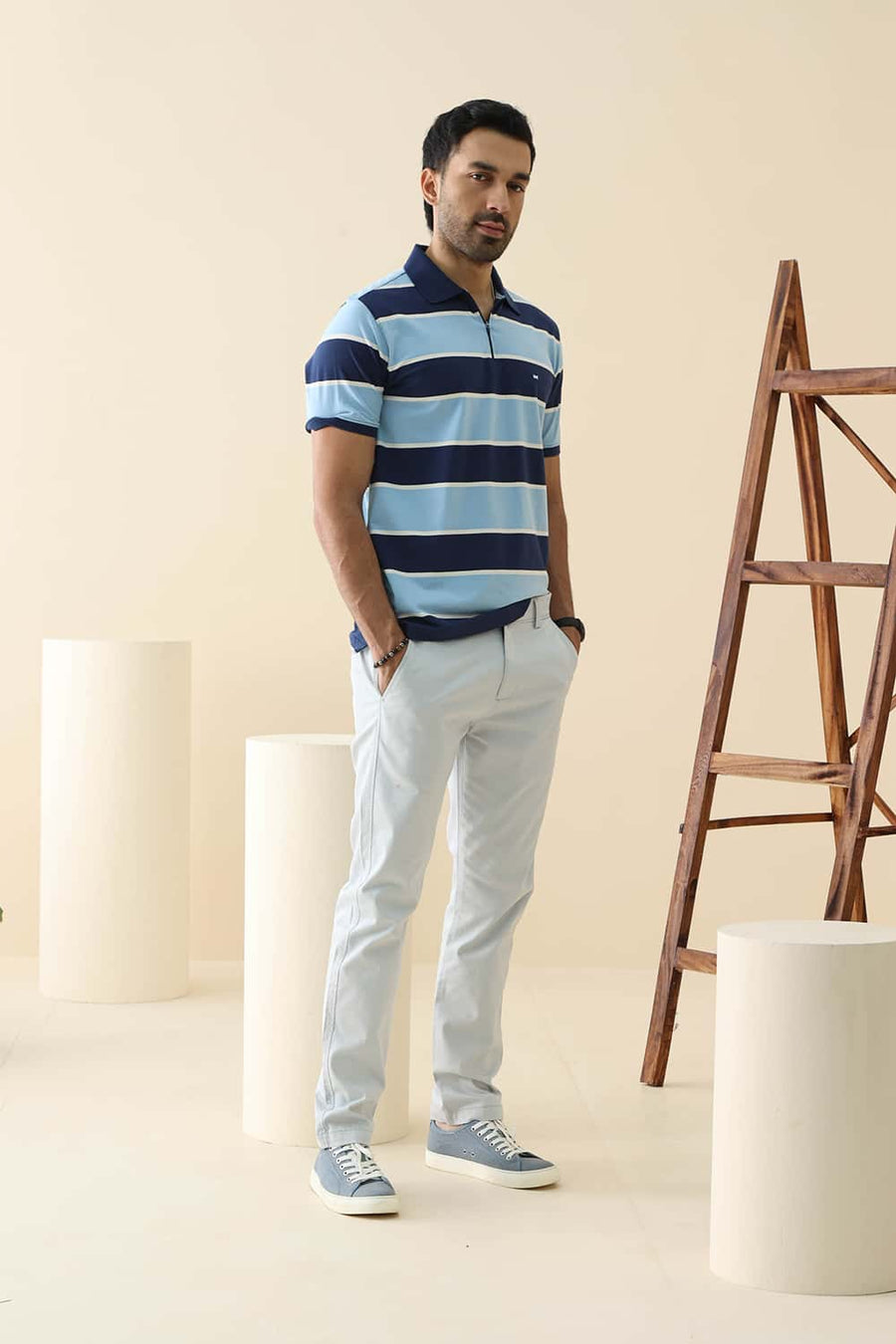 Basics Regular Fit Pageant Blue Cotton Stretch Polo Stripe T-Shirt