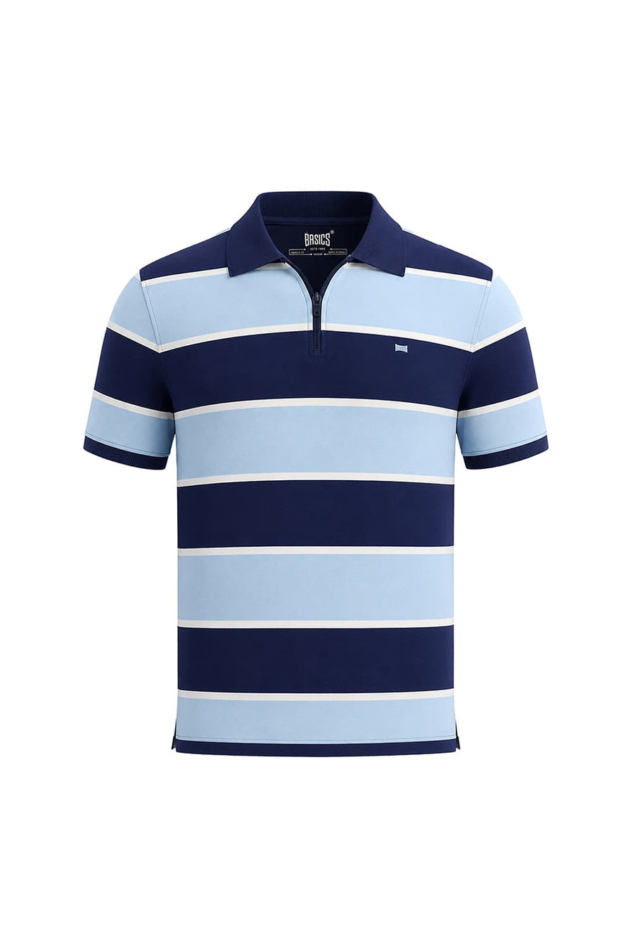 BASICS REGULAR FIT PAGEANT BLUE COTTON STRETCH POLO STRIPE T-SHIRT