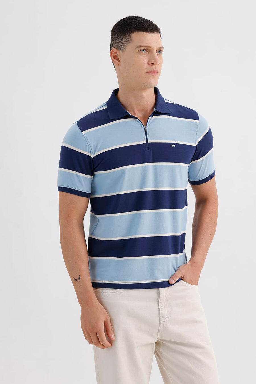 BASICS REGULAR FIT PAGEANT BLUE COTTON STRETCH POLO STRIPE T-SHIRT