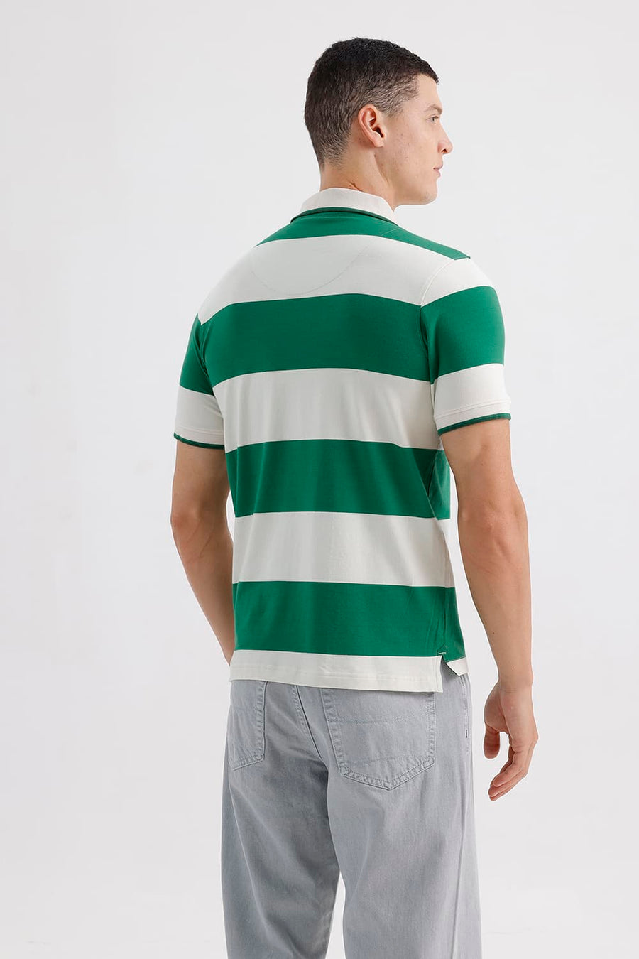 BASICS REGULAR FIT VERDANT GREEN COTTON STRETCH POLO STRIPE T-SHIRT