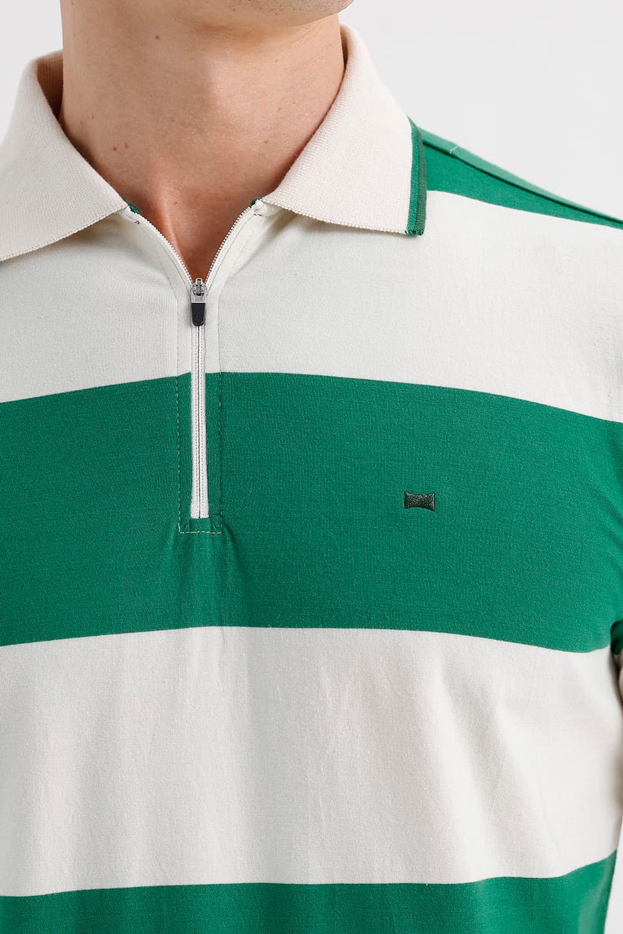 BASICS REGULAR FIT VERDANT GREEN COTTON STRETCH POLO STRIPE T-SHIRT
