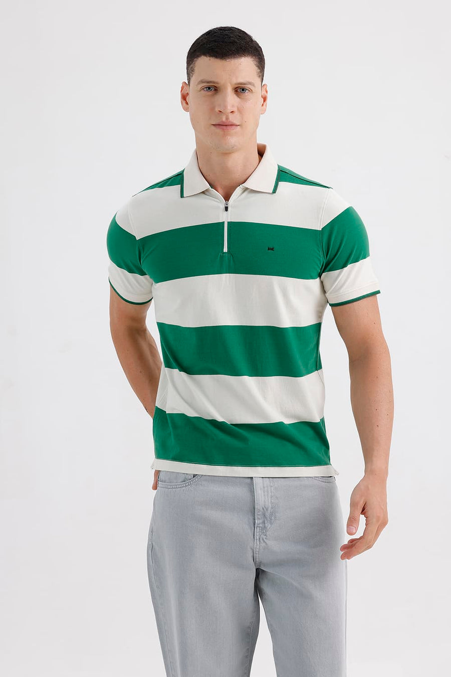 BASICS REGULAR FIT VERDANT GREEN COTTON STRETCH POLO STRIPE T-SHIRT