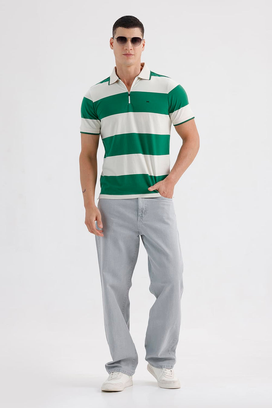 BASICS REGULAR FIT VERDANT GREEN COTTON STRETCH POLO STRIPE T-SHIRT