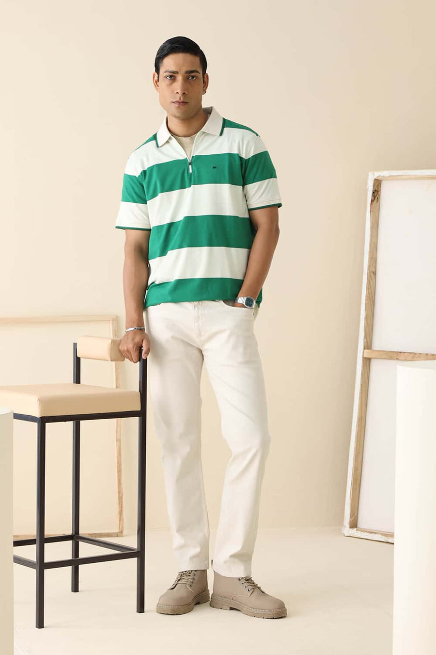 Basics Regular Fit Verdant Green Cotton Stretch Polo Stripe T-Shirt
