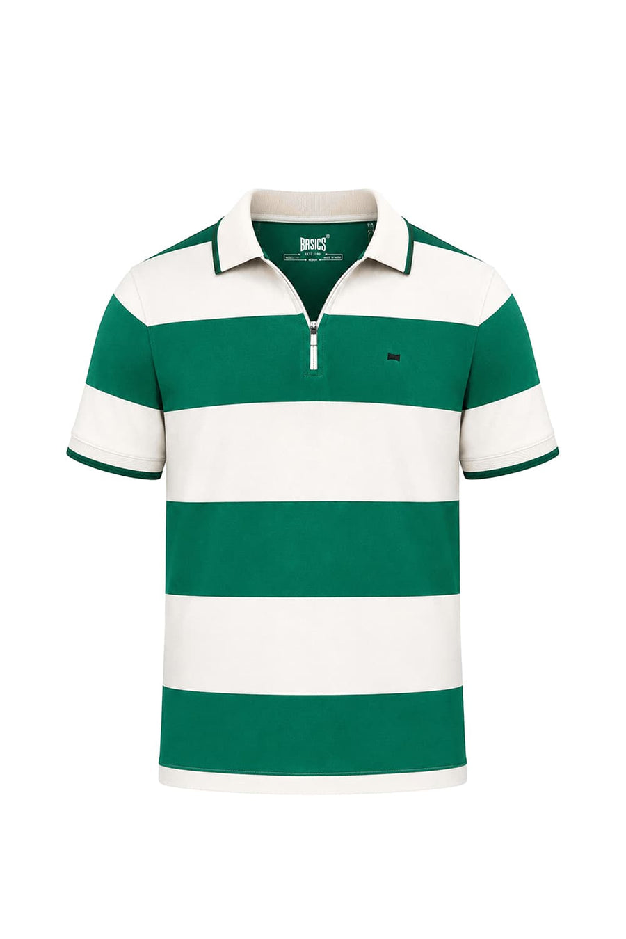 BASICS REGULAR FIT VERDANT GREEN COTTON STRETCH POLO STRIPE T-SHIRT