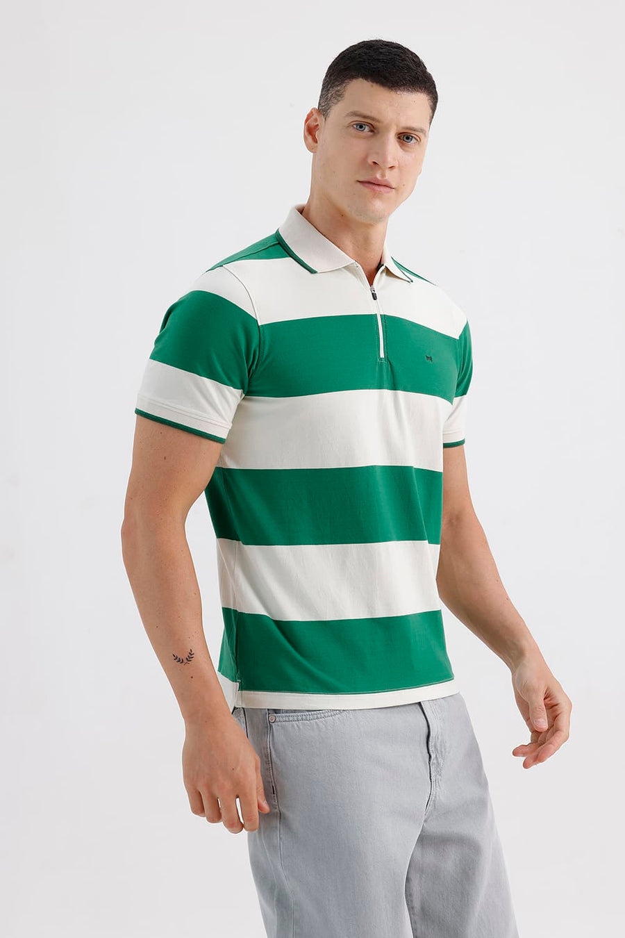 BASICS REGULAR FIT VERDANT GREEN COTTON STRETCH POLO STRIPE T-SHIRT