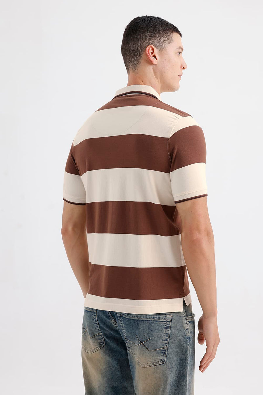 BASICS REGULAR FIT COCOA BROWN COTTON STRETCH POLO STRIPE T-SHIRT