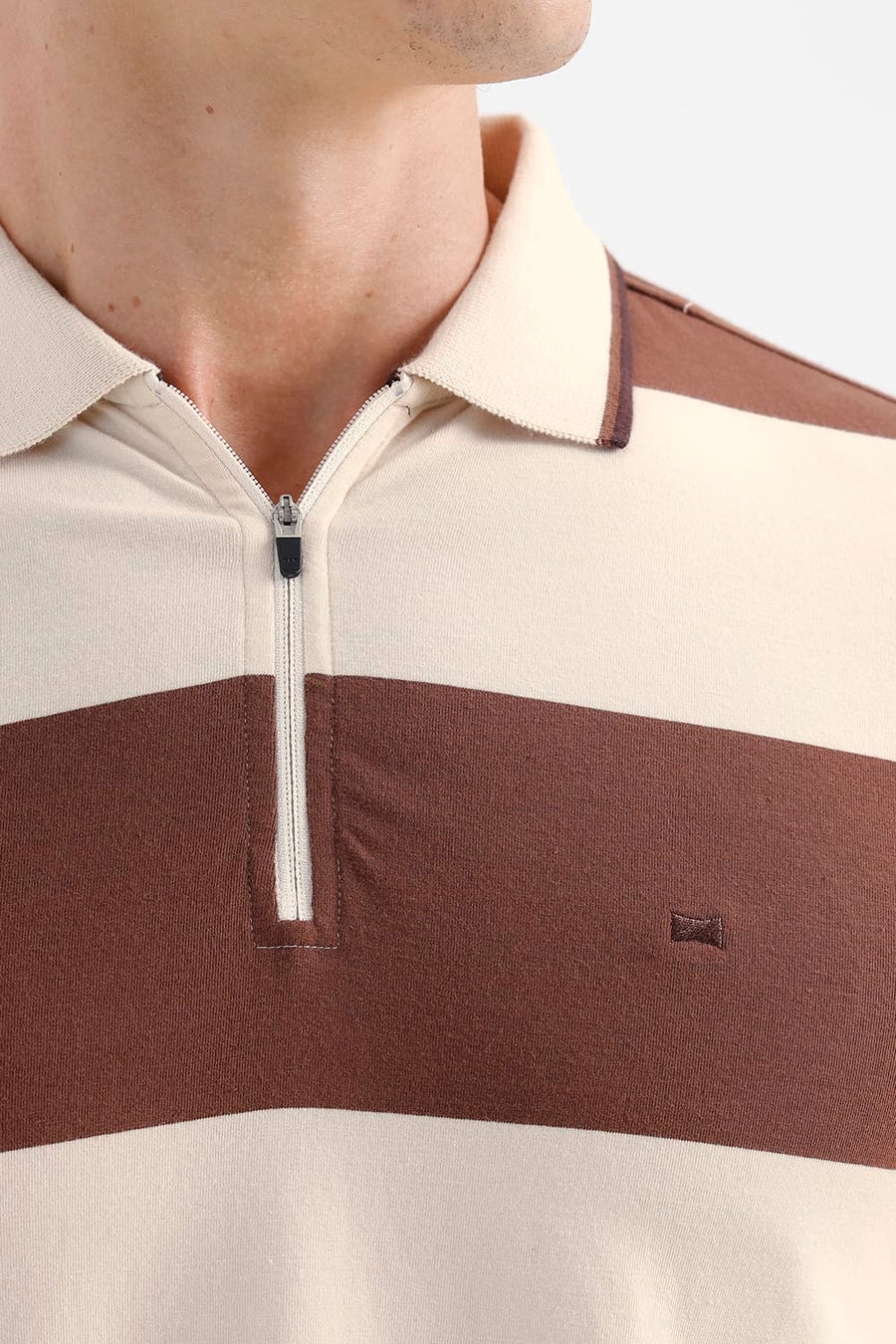 BASICS REGULAR FIT COCOA BROWN COTTON STRETCH POLO STRIPE T-SHIRT