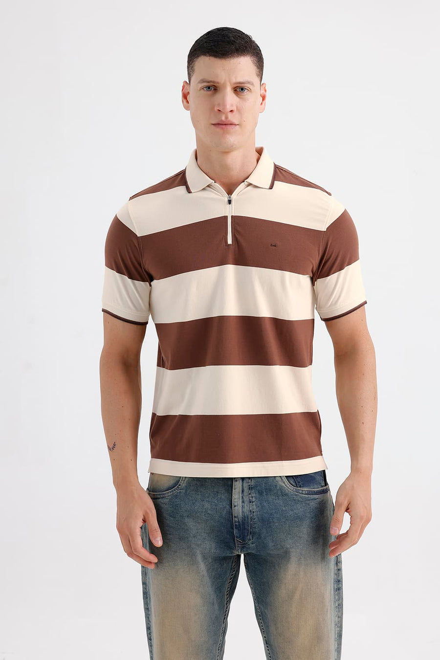 BASICS REGULAR FIT COCOA BROWN COTTON STRETCH POLO STRIPE T-SHIRT