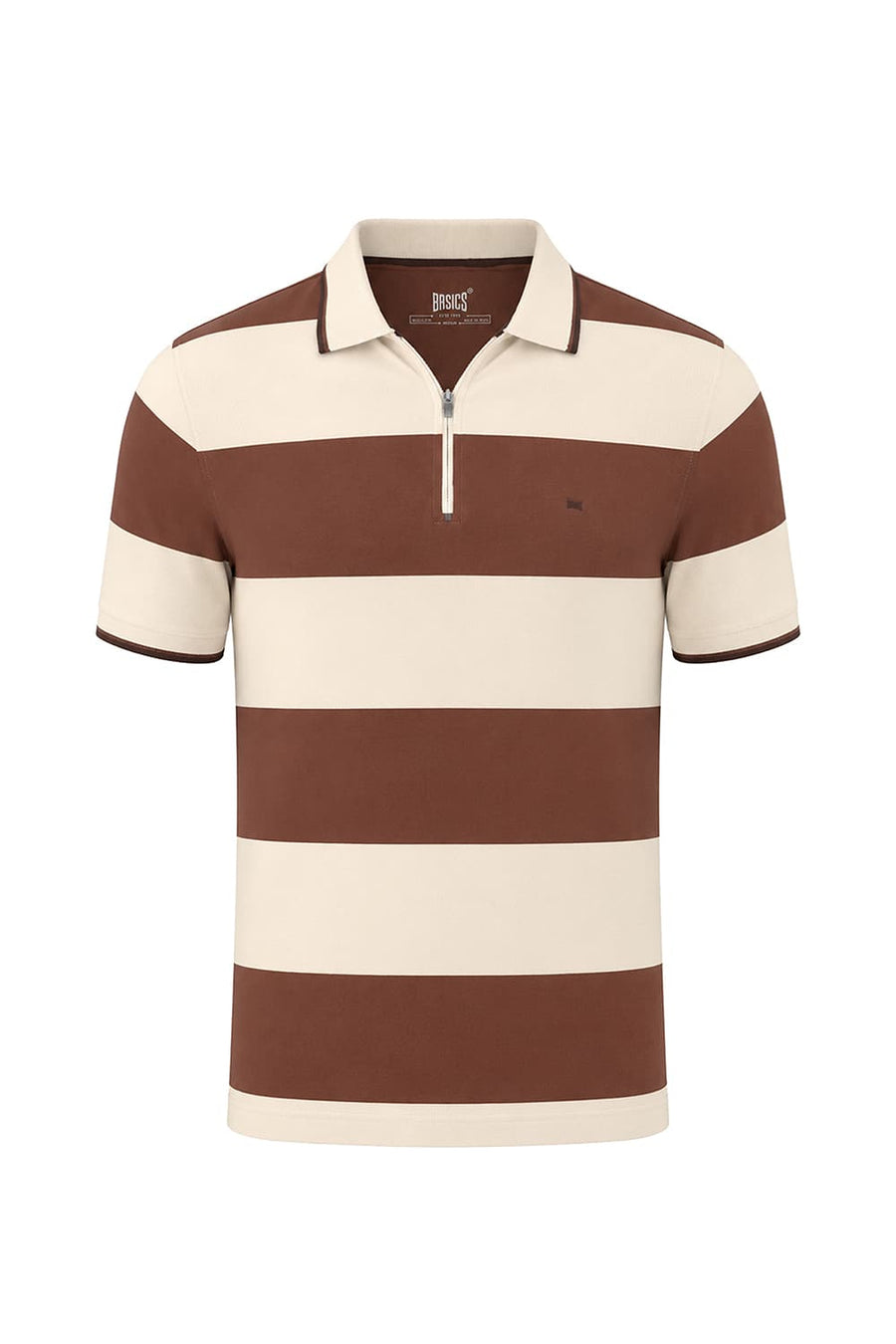 BASICS REGULAR FIT COCOA BROWN COTTON STRETCH POLO STRIPE T-SHIRT