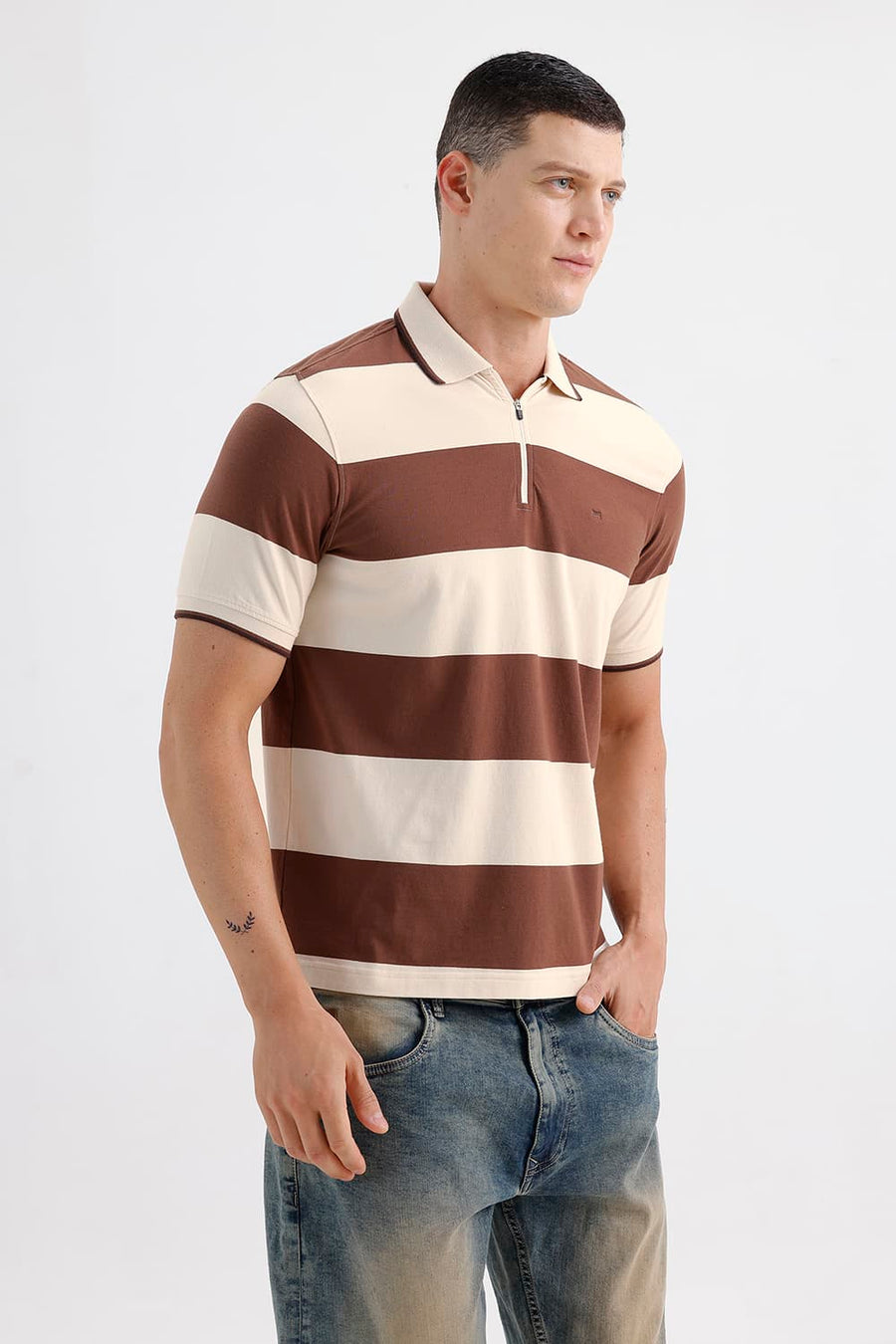 BASICS REGULAR FIT COCOA BROWN COTTON STRETCH POLO STRIPE T-SHIRT