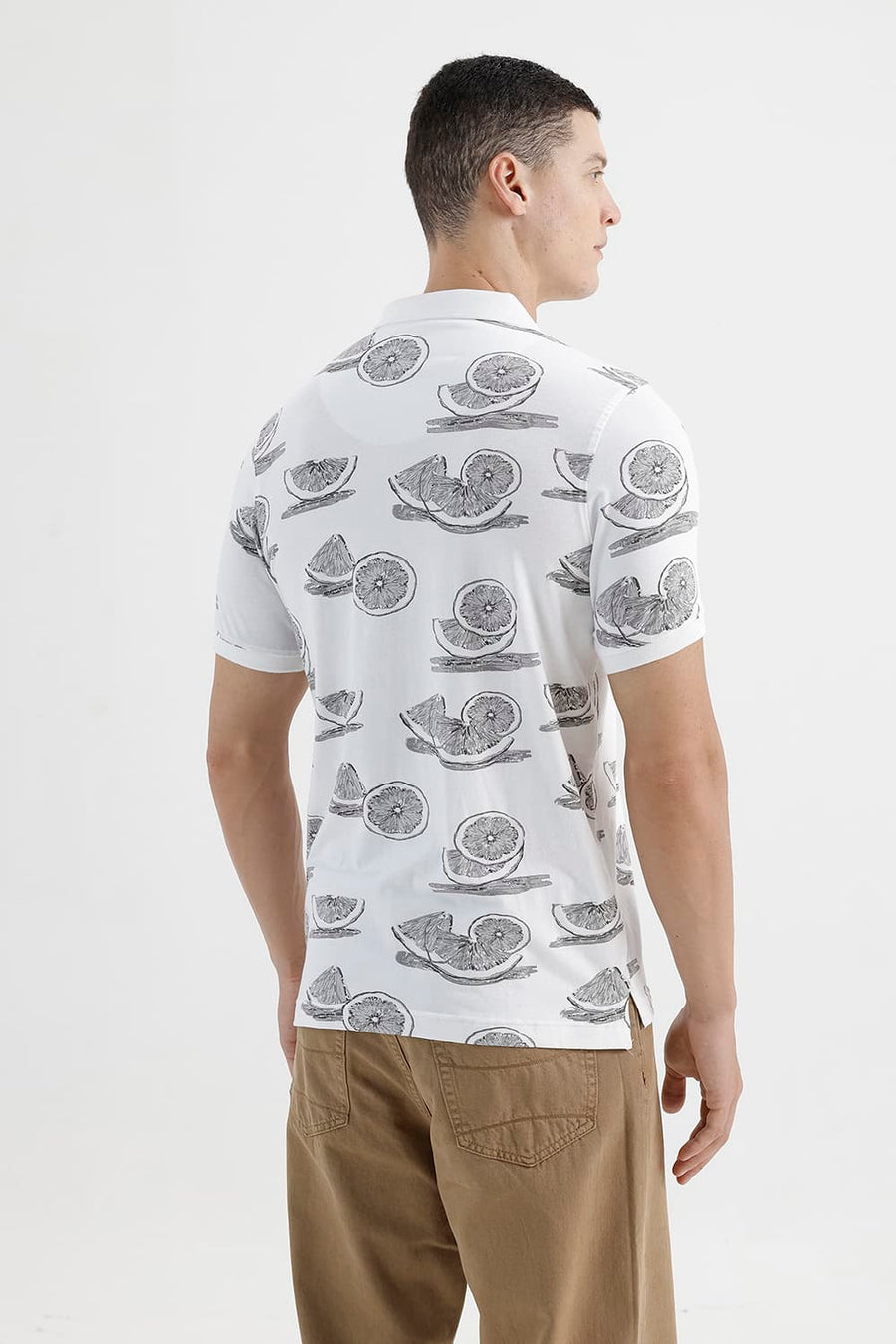 BASICS REGULAR FIT BRIGHT WHITE COTTON STRETCH PRINTED POLO T-SHIRT