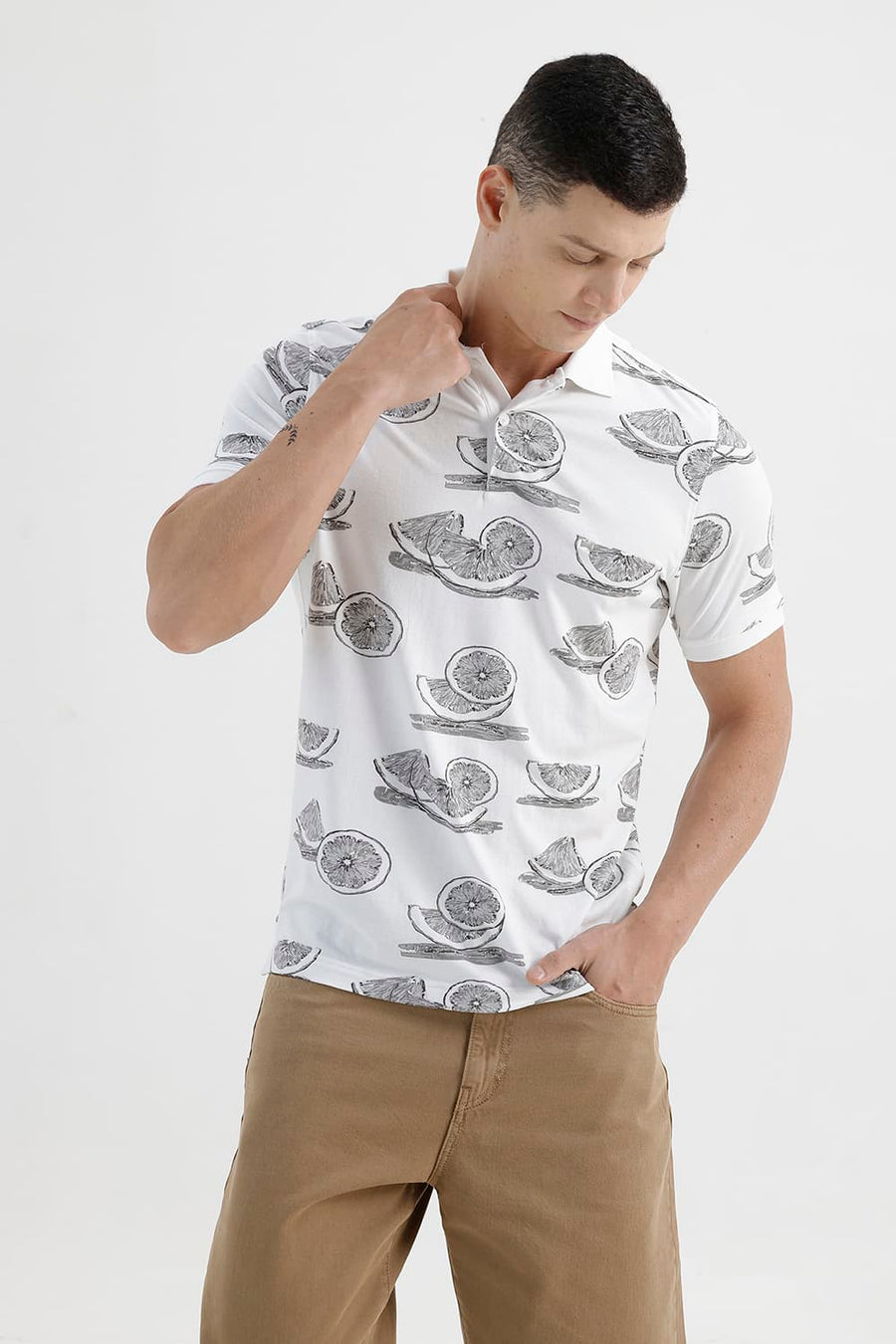 BASICS REGULAR FIT BRIGHT WHITE COTTON STRETCH PRINTED POLO T-SHIRT