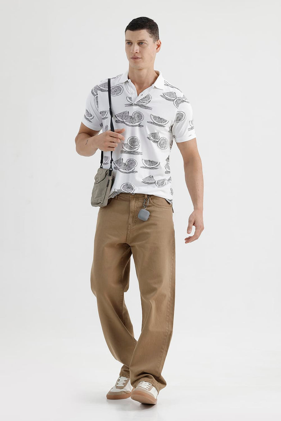 BASICS REGULAR FIT BRIGHT WHITE COTTON STRETCH PRINTED POLO T-SHIRT