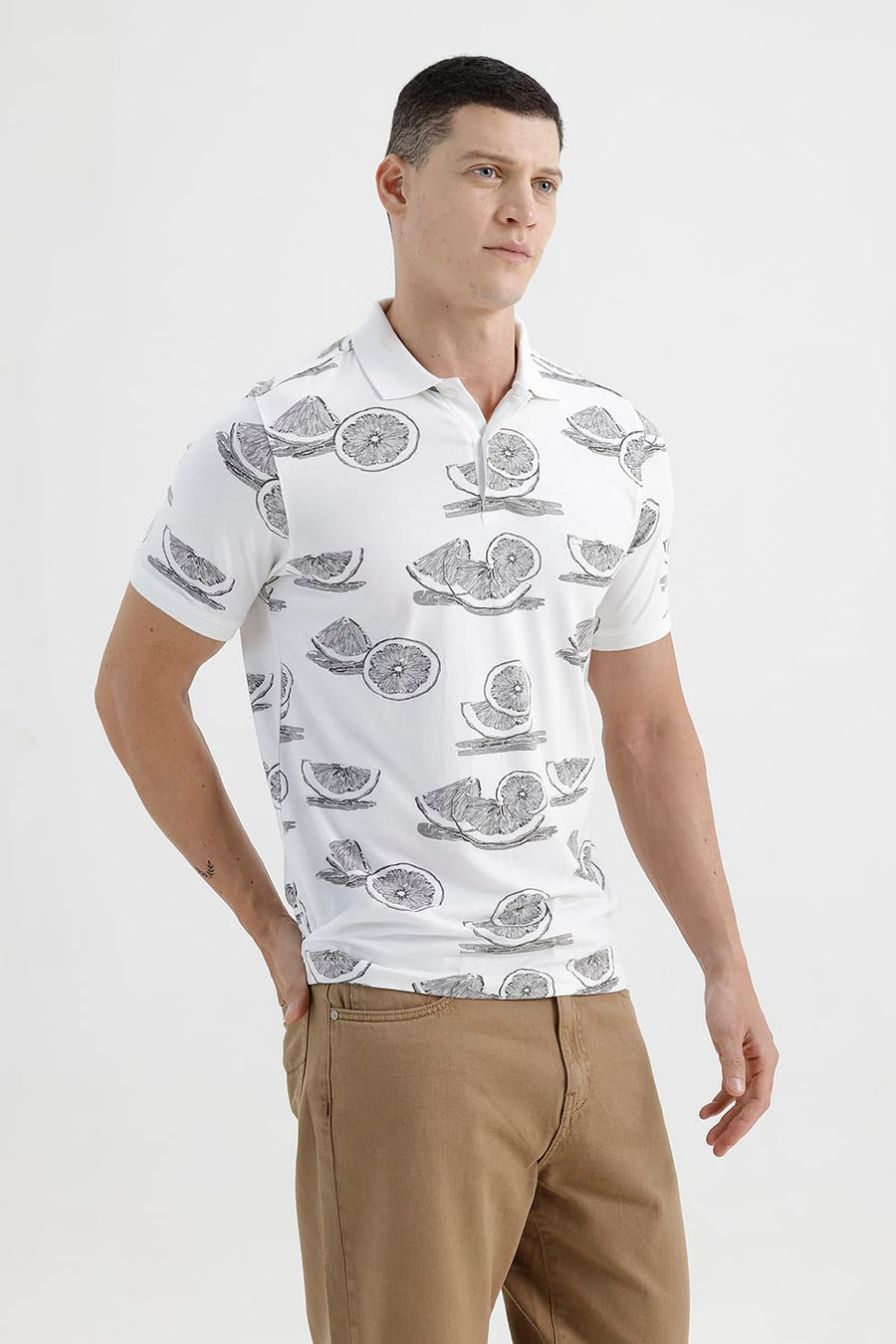 BASICS REGULAR FIT BRIGHT WHITE COTTON STRETCH PRINTED POLO T-SHIRT