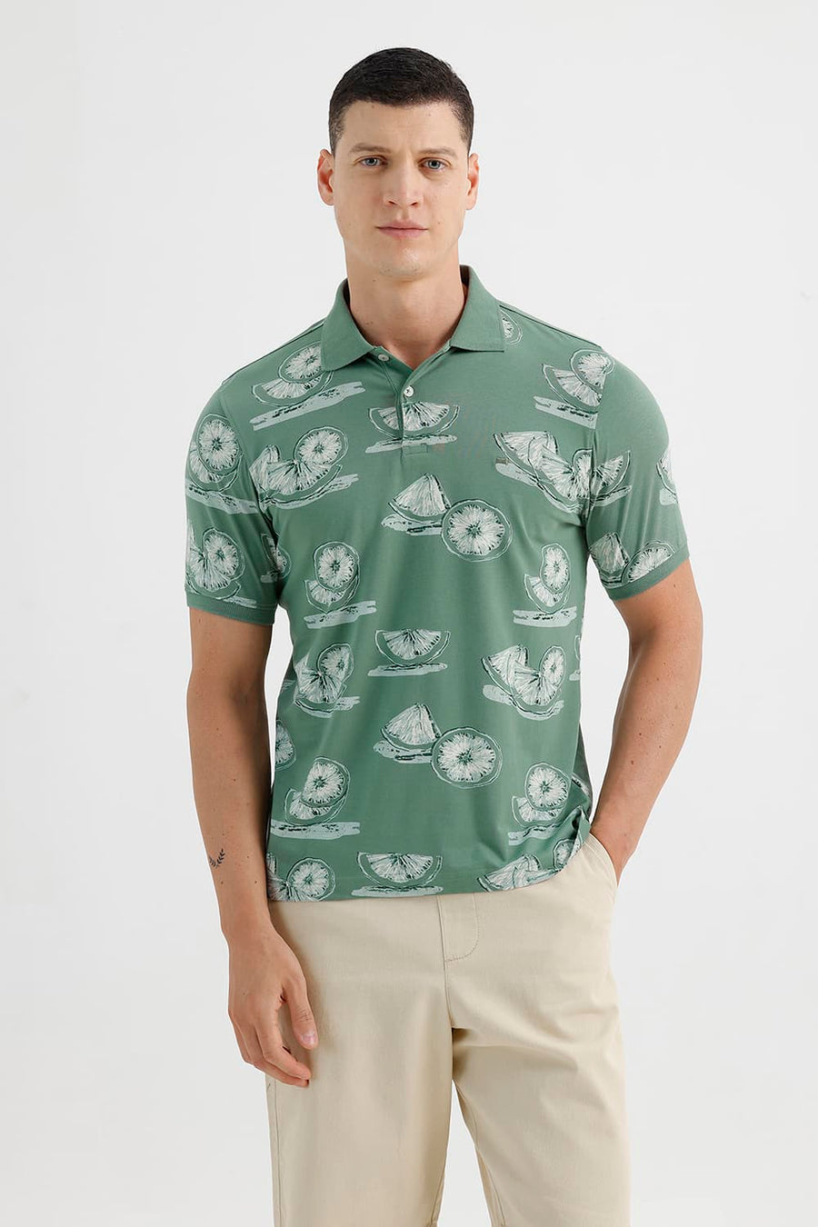 BASICS REGULAR FIT COMFREY COTTON STRETCH PRINTED POLO T-SHIRT