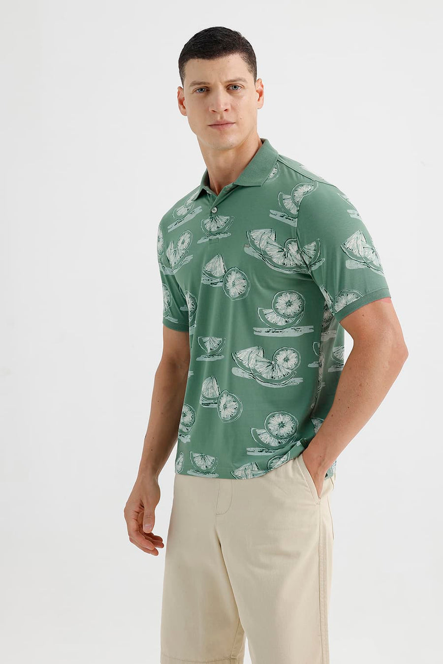 BASICS REGULAR FIT COMFREY COTTON STRETCH PRINTED POLO T-SHIRT