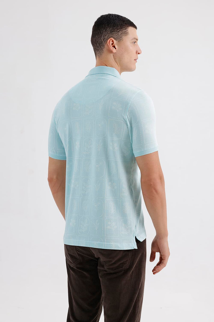 BASICS REGULAR FIT TINTED AQUA COTTON STRETCH PRINTED POLO T-SHIRT