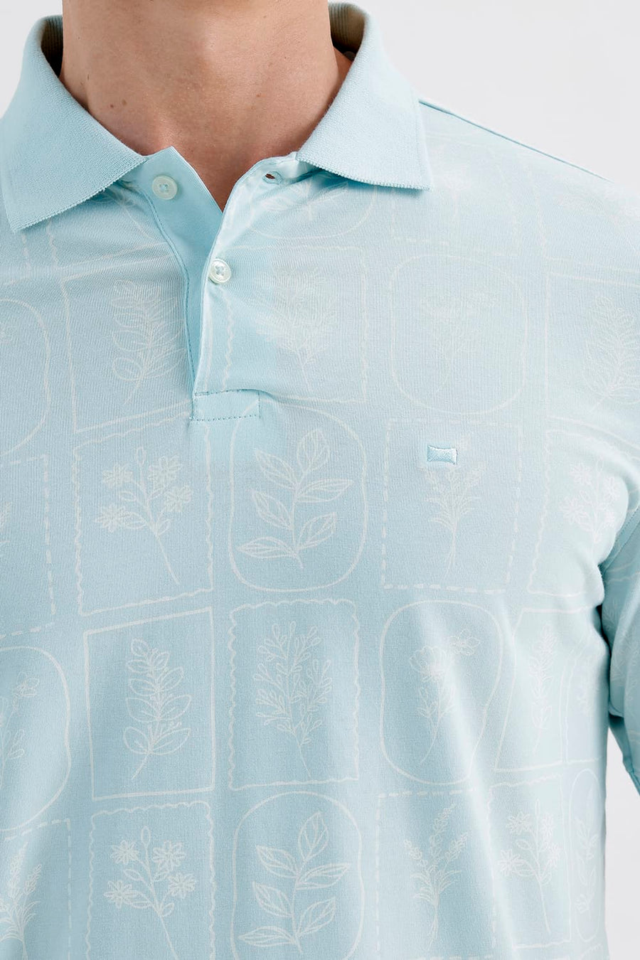 BASICS REGULAR FIT TINTED AQUA COTTON STRETCH PRINTED POLO T-SHIRT