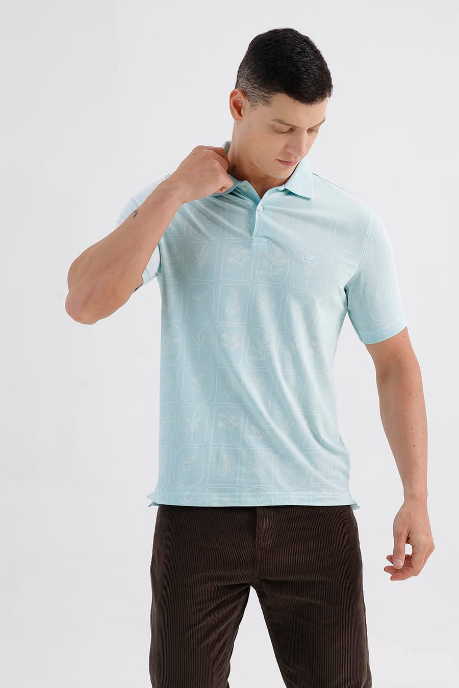 BASICS REGULAR FIT TINTED AQUA COTTON STRETCH PRINTED POLO T-SHIRT