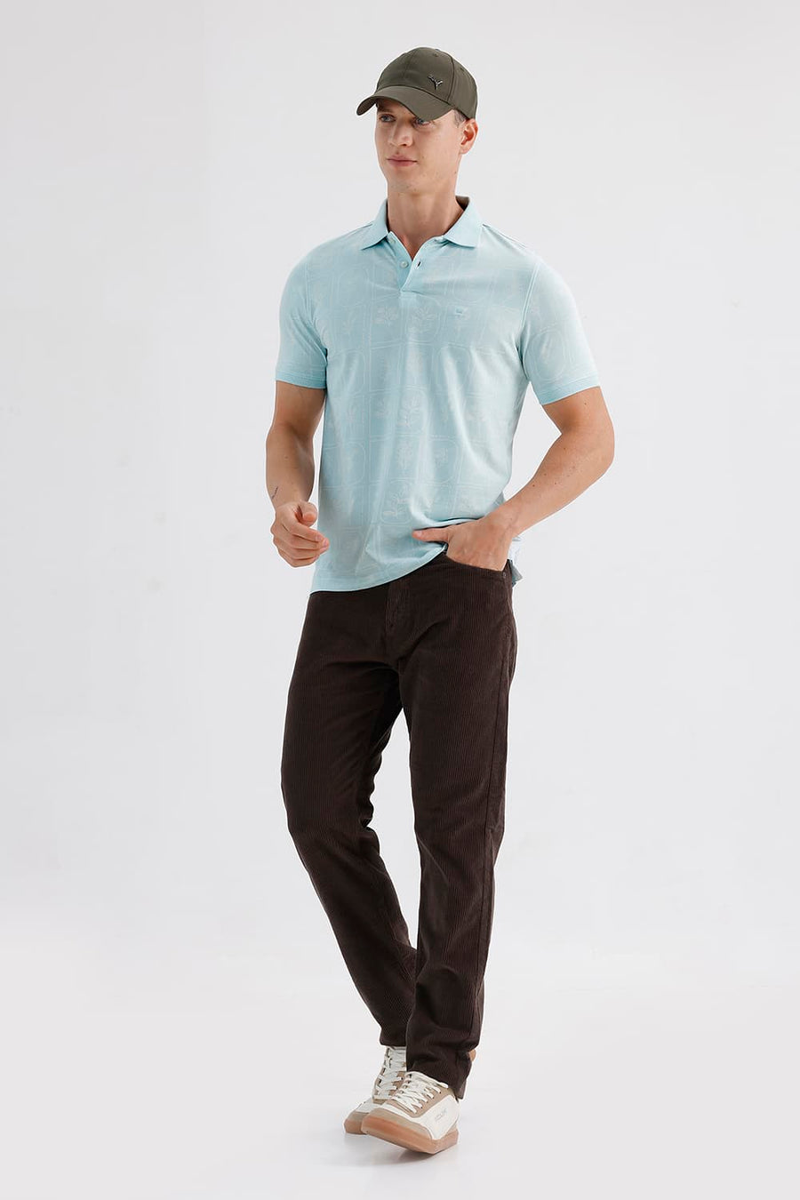 BASICS REGULAR FIT TINTED AQUA COTTON STRETCH PRINTED POLO T-SHIRT