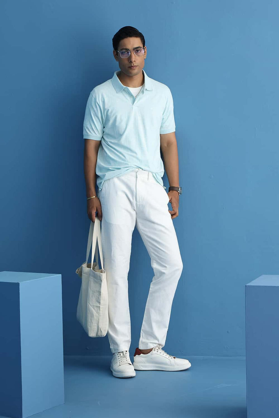 Basics Regular Fit Tinted Aqua Cotton Stretch Printed Polo T-Shirt