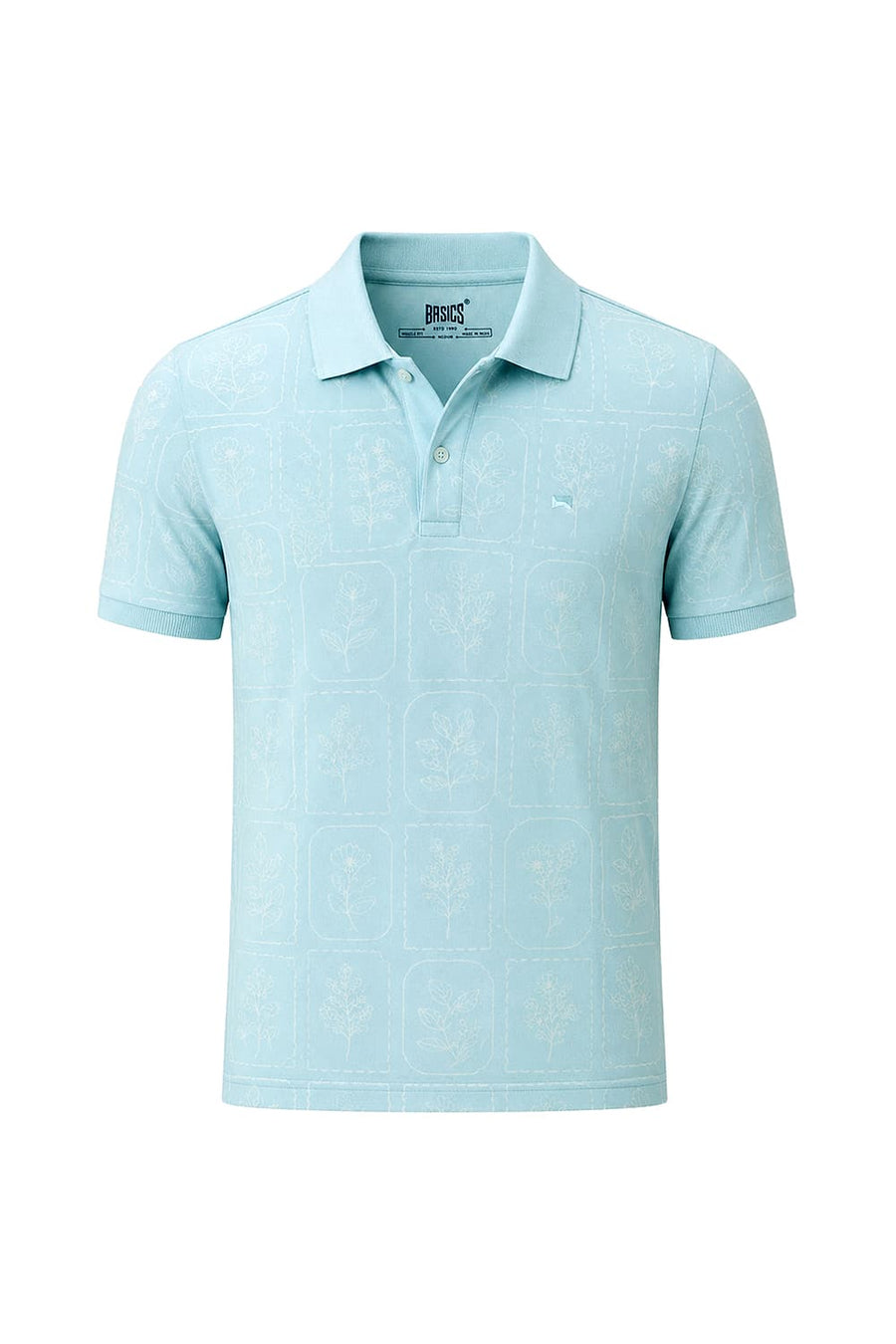 BASICS REGULAR FIT TINTED AQUA COTTON STRETCH PRINTED POLO T-SHIRT