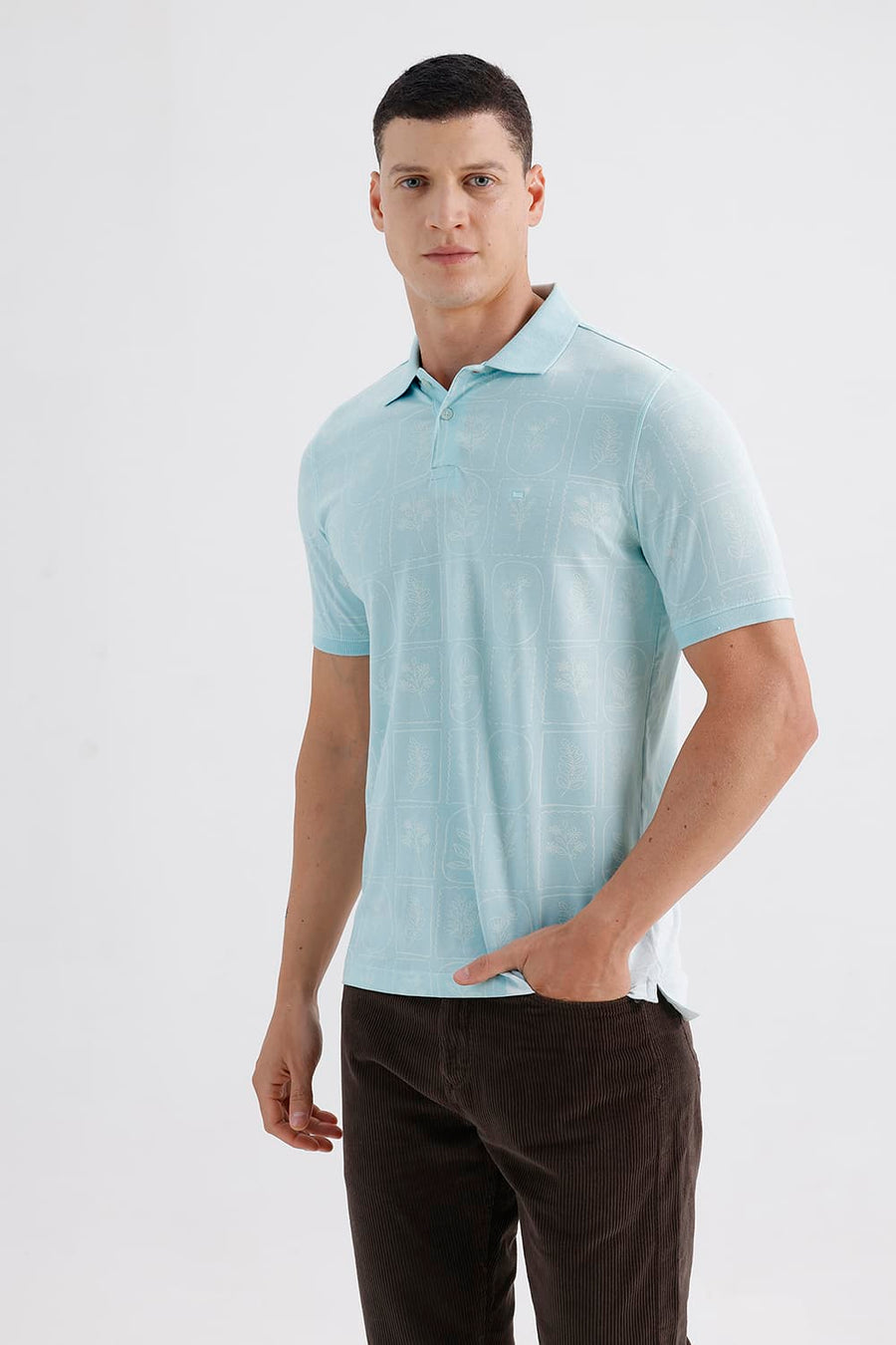 BASICS REGULAR FIT TINTED AQUA COTTON STRETCH PRINTED POLO T-SHIRT