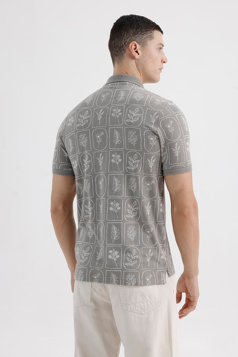 BASICS REGULAR FIT DEBONAIR GRAY COTTON STRETCH PRINTED POLO T-SHIRT