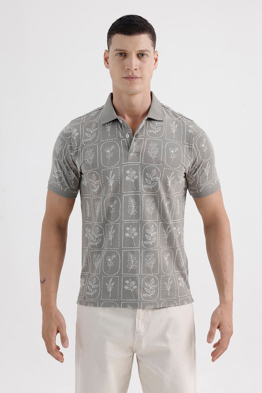 BASICS REGULAR FIT DEBONAIR GRAY COTTON STRETCH PRINTED POLO T-SHIRT