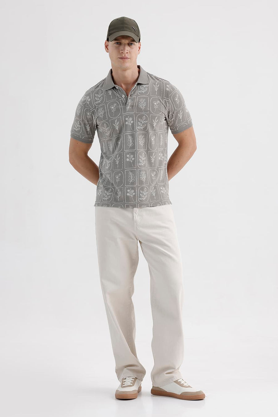 BASICS REGULAR FIT DEBONAIR GRAY COTTON STRETCH PRINTED POLO T-SHIRT