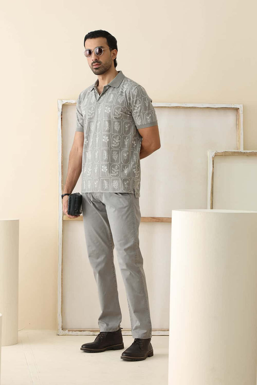 BASICS REGULAR FIT DEBONAIR GRAY COTTON STRETCH PRINTED POLO T-SHIRT
