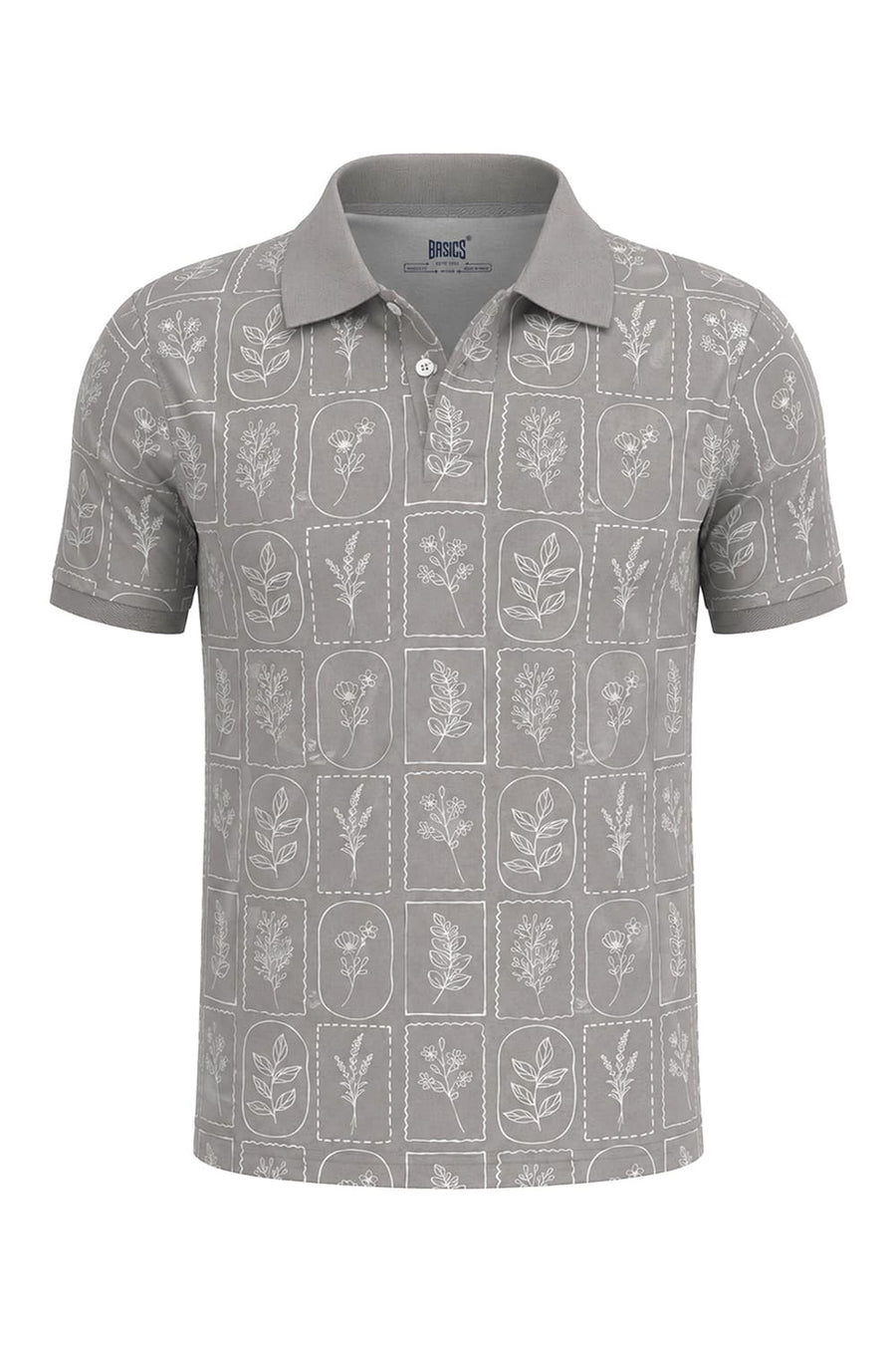 BASICS REGULAR FIT DEBONAIR GRAY COTTON STRETCH PRINTED POLO T-SHIRT