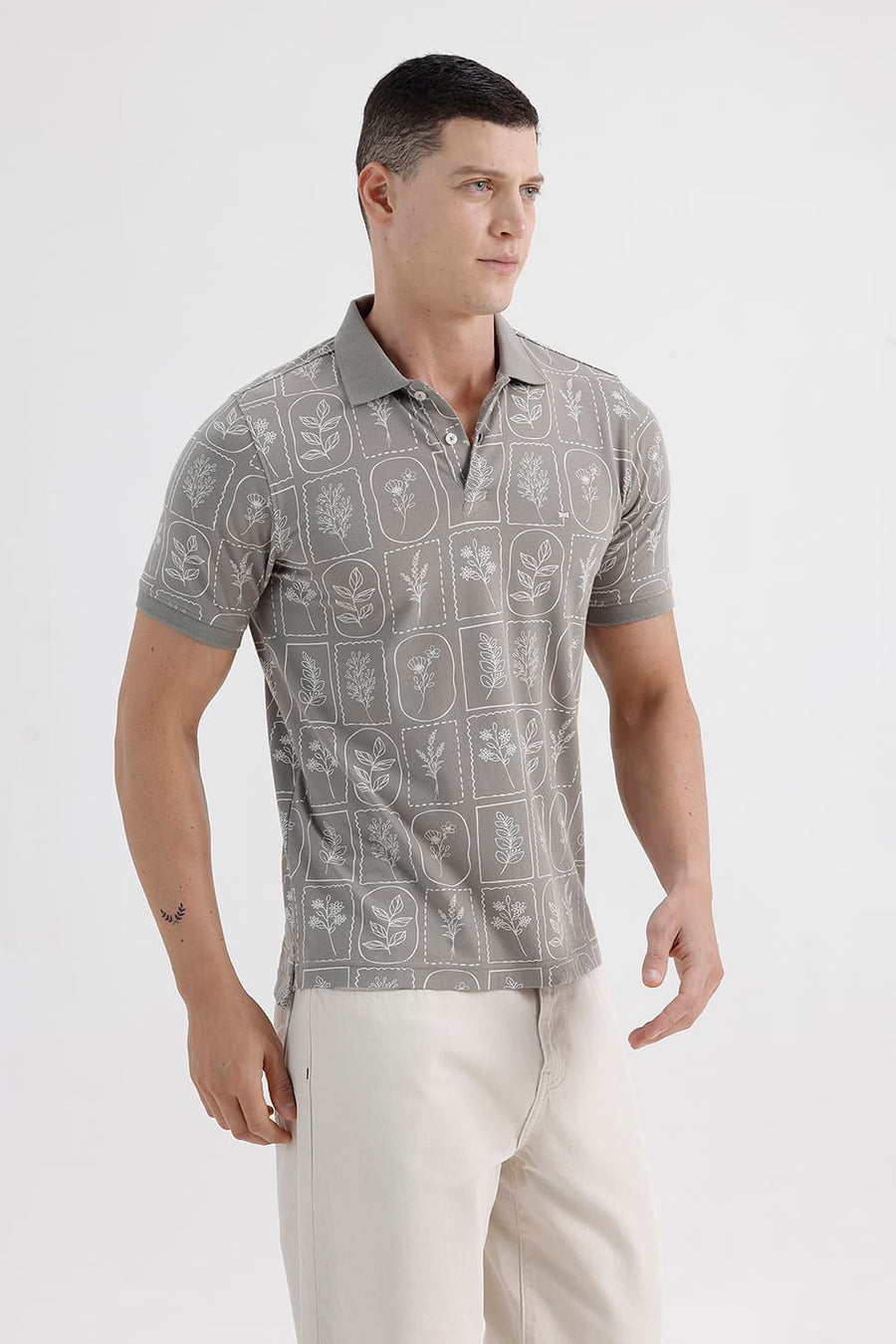BASICS REGULAR FIT DEBONAIR GRAY COTTON STRETCH PRINTED POLO T-SHIRT