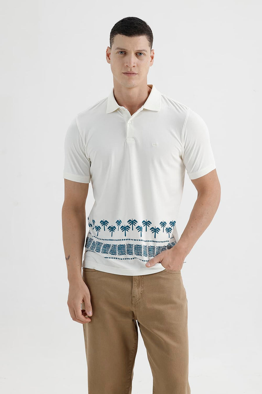 BASICS REGULAR FIT CANNOLI CREAM COTTON STRETCH PRINTED POLO T-SHIRT