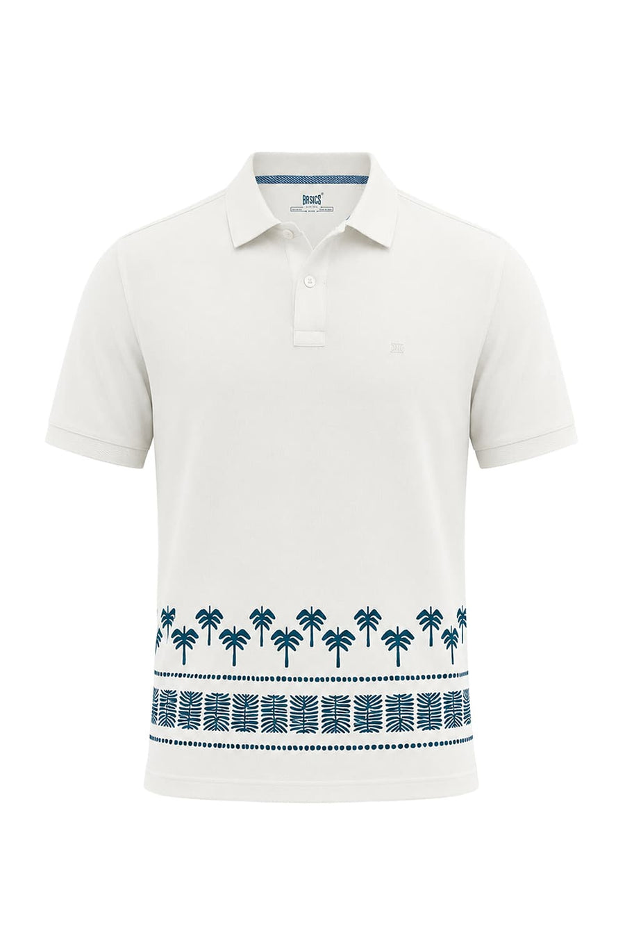 BASICS REGULAR FIT CANNOLI CREAM COTTON STRETCH PRINTED POLO T-SHIRT