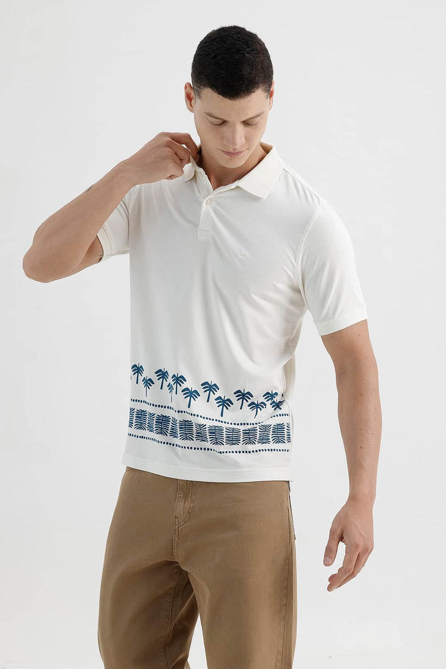 BASICS REGULAR FIT CANNOLI CREAM COTTON STRETCH PRINTED POLO T-SHIRT