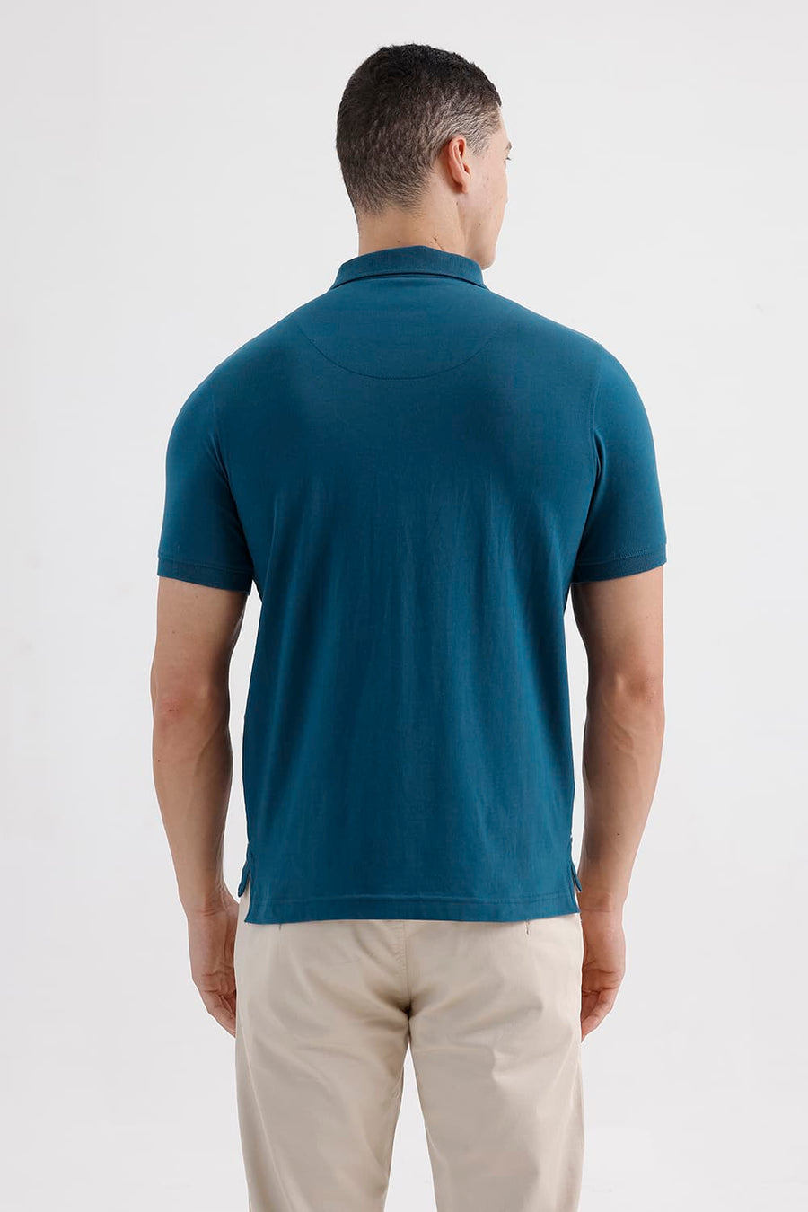 BASICS REGULAR FIT MOROCCAN BLUE COTTON STRETCH PRINTED POLO T-SHIRT