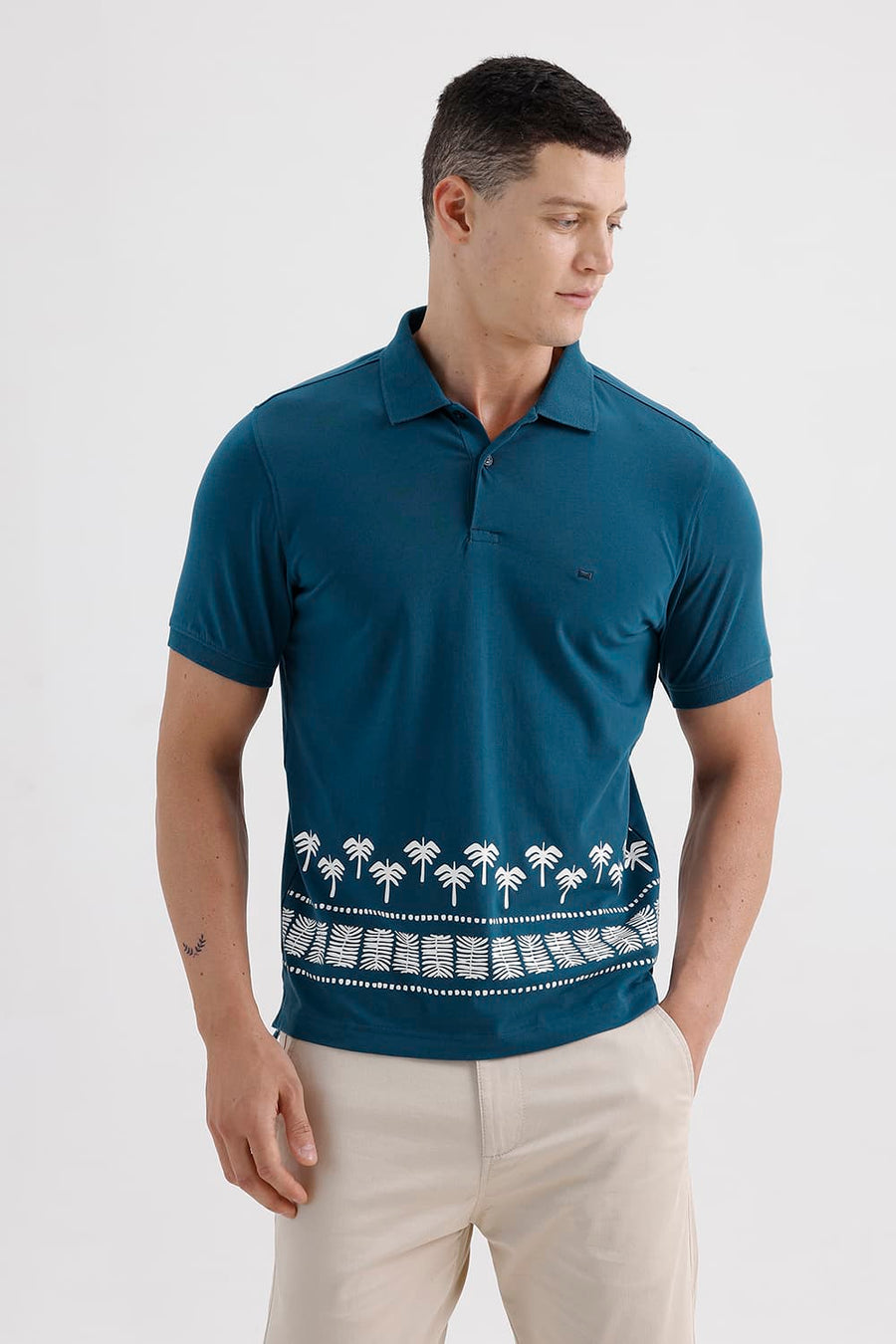 BASICS REGULAR FIT MOROCCAN BLUE COTTON STRETCH PRINTED POLO T-SHIRT