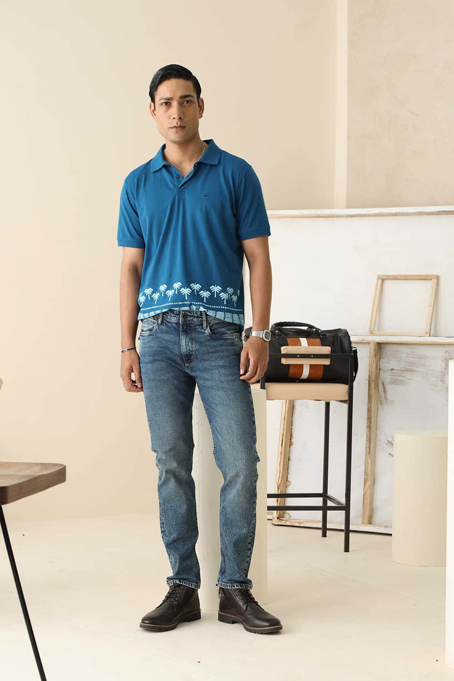Basics Regular Fit Moroccan Blue Cotton Stretch Printed Polo T-Shirt