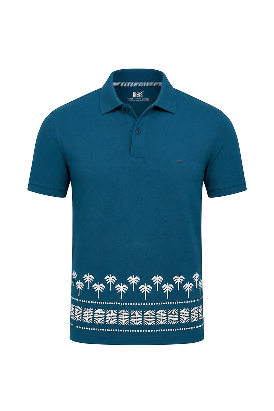 BASICS REGULAR FIT MOROCCAN BLUE COTTON STRETCH PRINTED POLO T-SHIRT