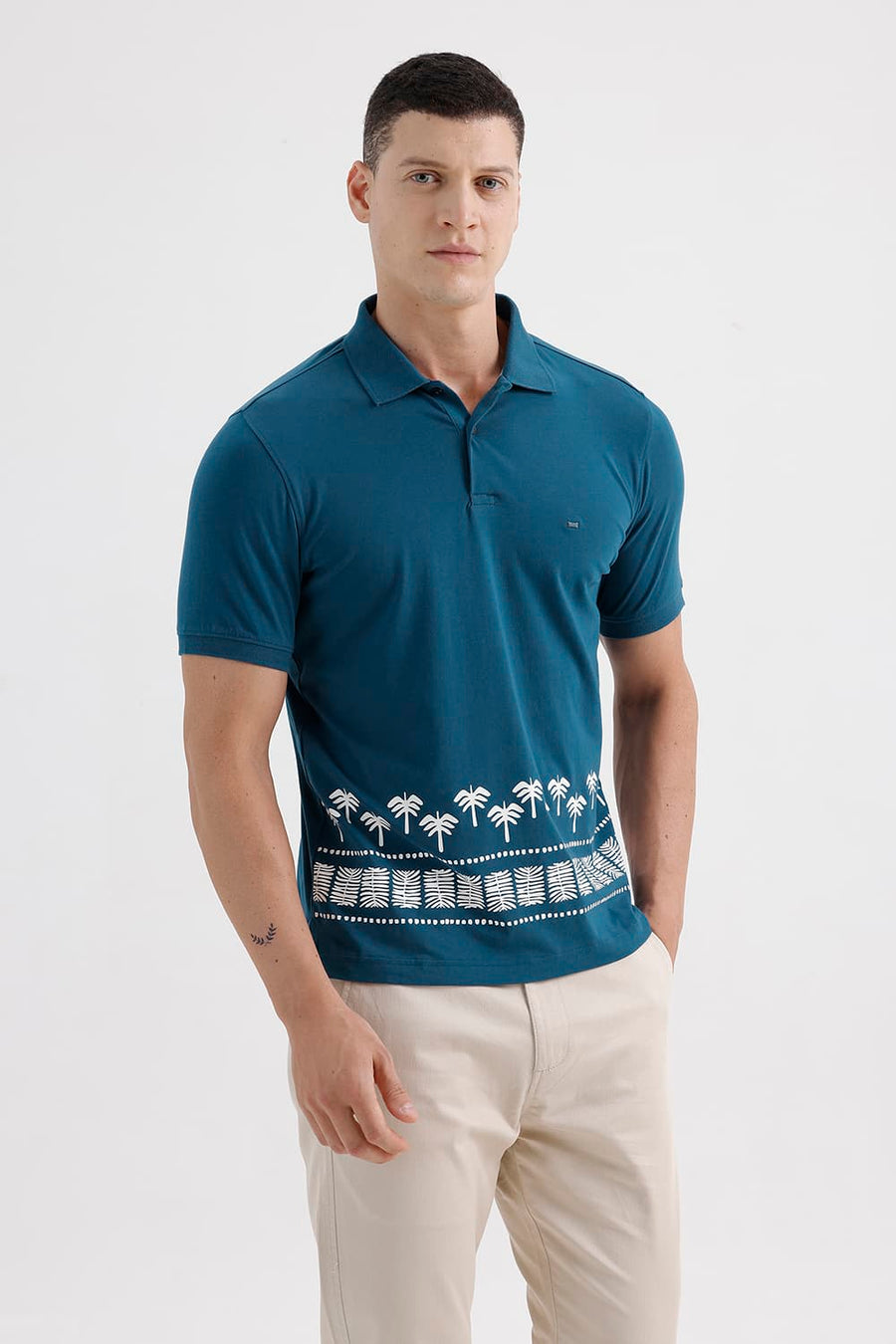 BASICS REGULAR FIT MOROCCAN BLUE COTTON STRETCH PRINTED POLO T-SHIRT