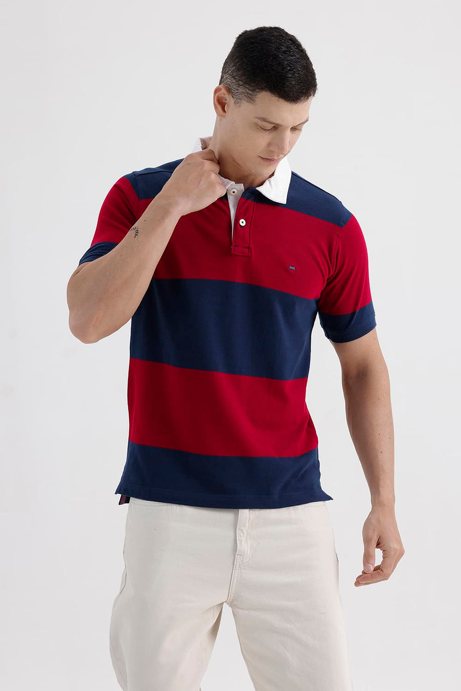 BASICS REGULAR FIT SUNDRIED TOMATO COTTON POLO STRIPE T-SHIRT
