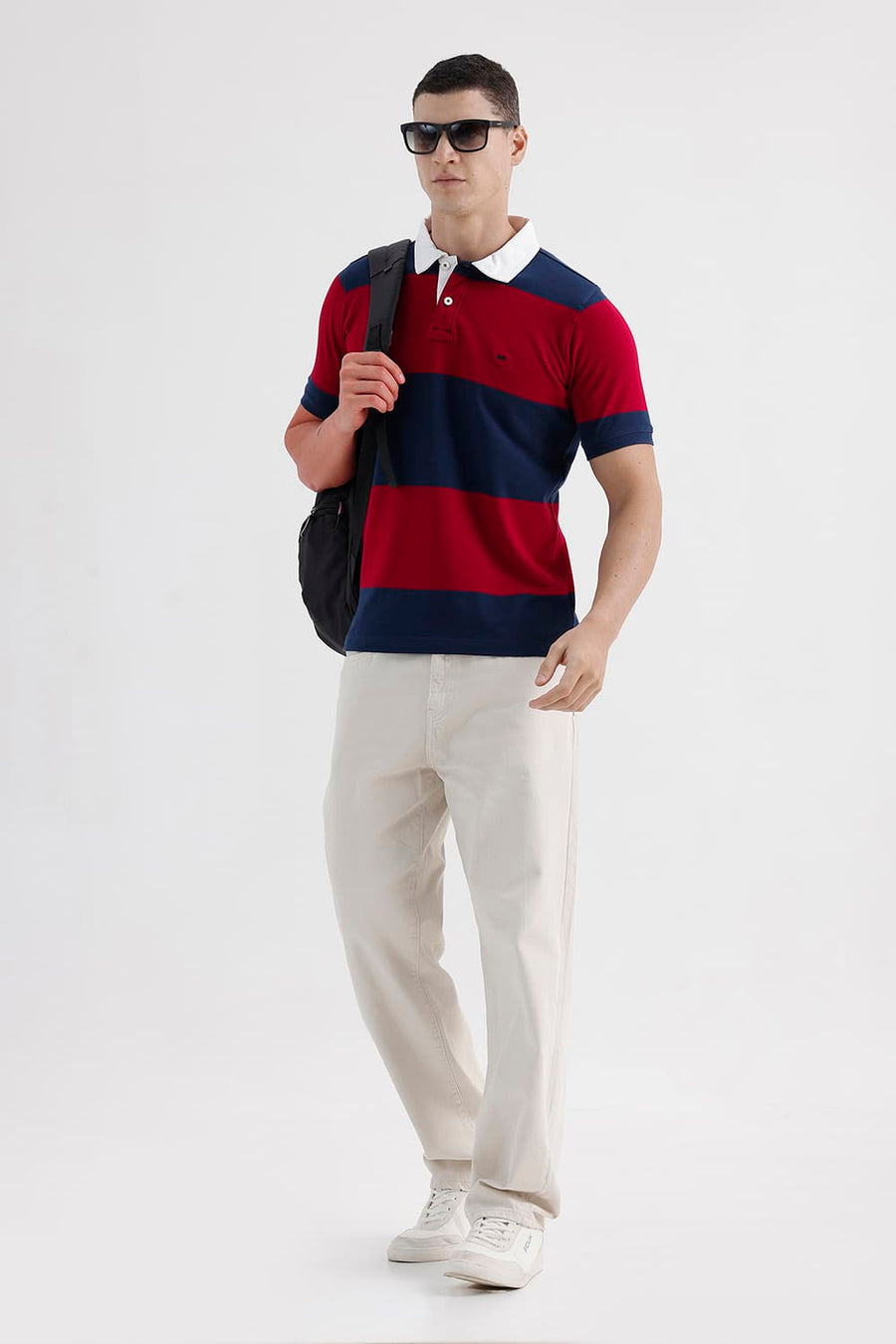 BASICS REGULAR FIT SUNDRIED TOMATO COTTON POLO STRIPE T-SHIRT