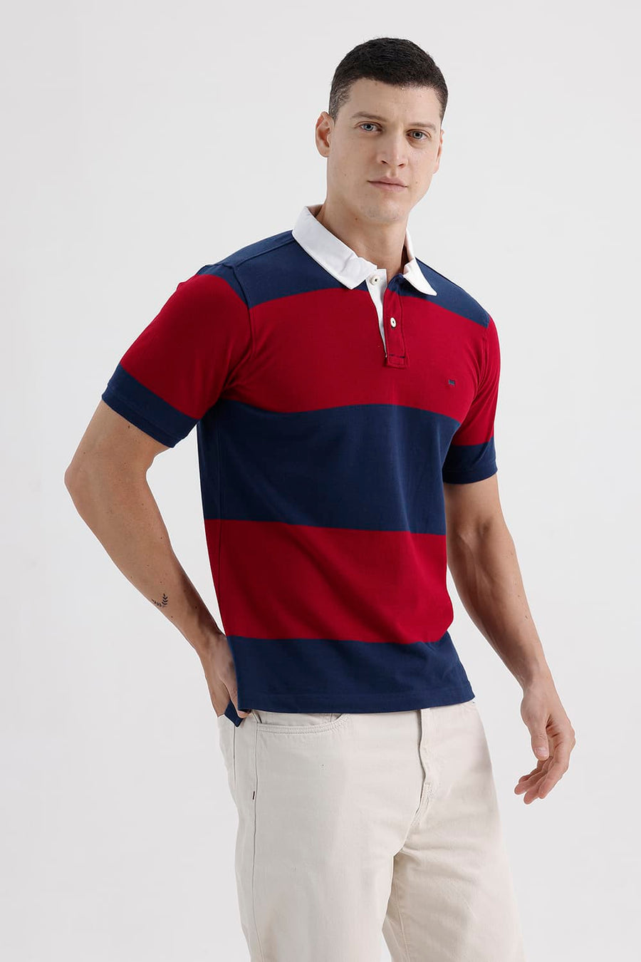 BASICS REGULAR FIT SUNDRIED TOMATO COTTON POLO STRIPE T-SHIRT