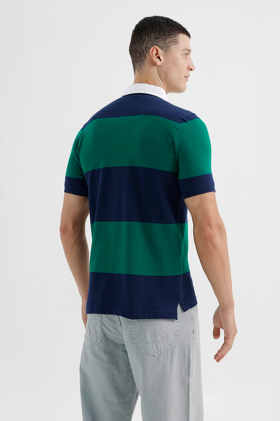 BASICS REGULAR FIT ALPINE GREEN COTTON POLO STRIPE T-SHIRT