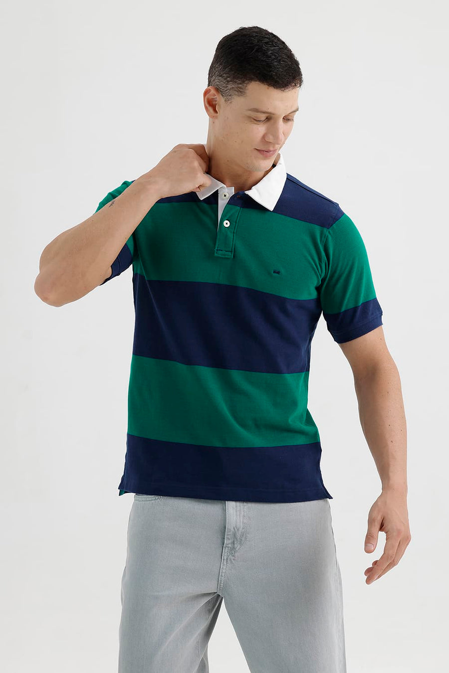 BASICS REGULAR FIT ALPINE GREEN COTTON POLO STRIPE T-SHIRT