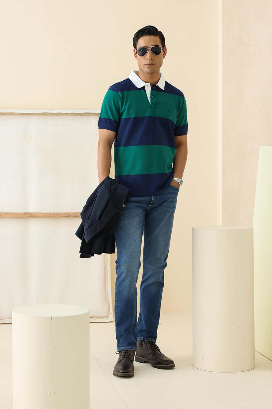 Basics Regular Fit Alpine Green Cotton Polo Stripe T-Shirt